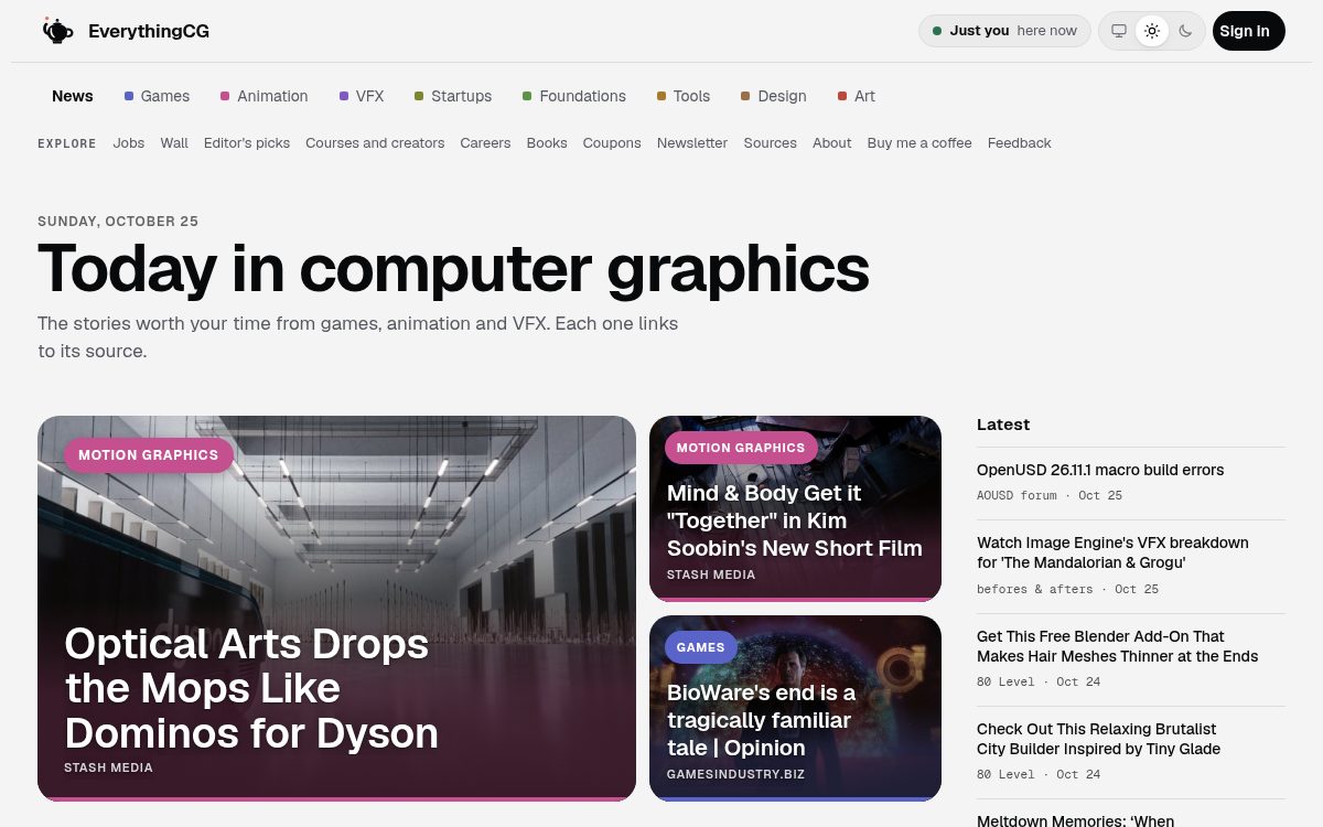 EverythingCG front page: Today in computer graphics, with the stream tags and the lead story